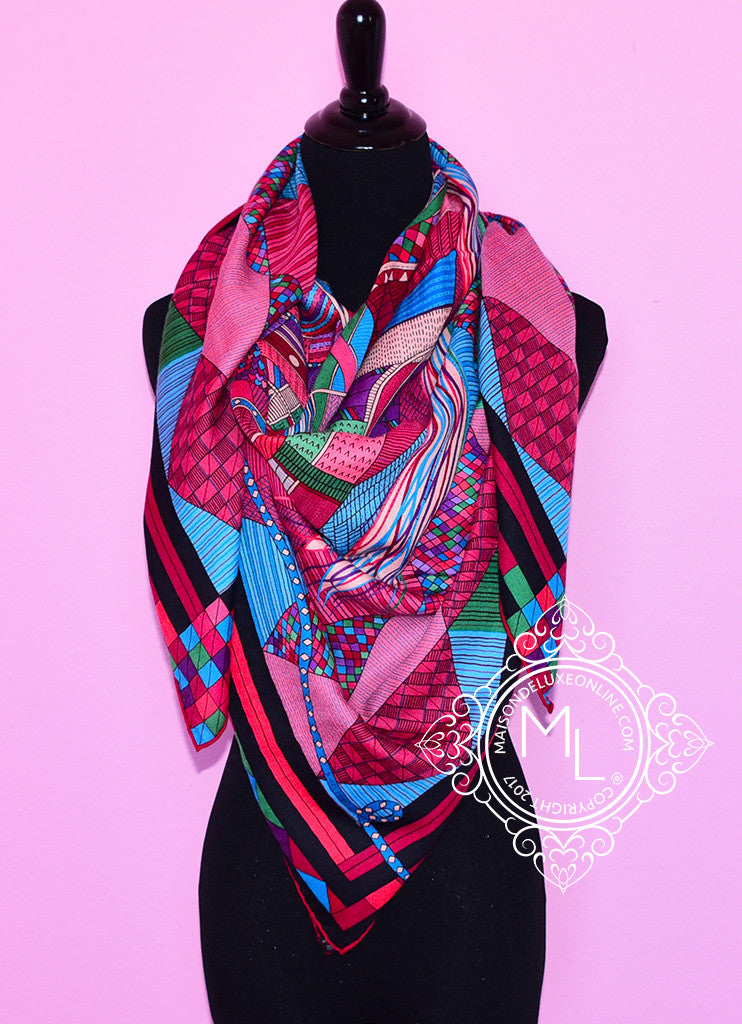 Hermes Cashmere 140 GM Fuchsia Black Patchwork Horse Shawl Scarf