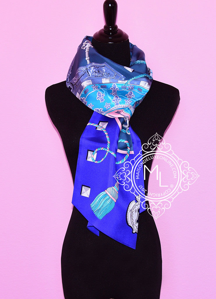 Hermes Blue Pink Les Clés Silk Maxi Twilly Scarf Wrap Shawl Carre