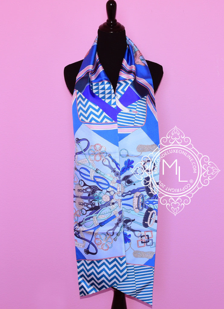 Hermes Blue Pink Bouquets Sellier Silk Maxi Twilly Scarf Wrap