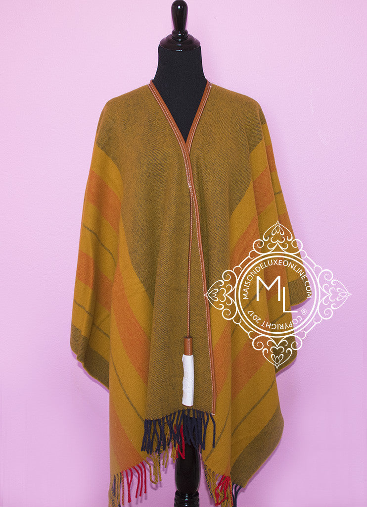 Hermes Cashmere Wool Straw Yellow Rocabar Poncho Cape