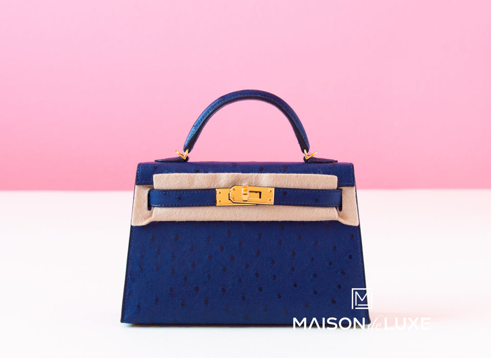 Hermes Bleu Iris GHW Ostrich Mini Kelly II 20 cm