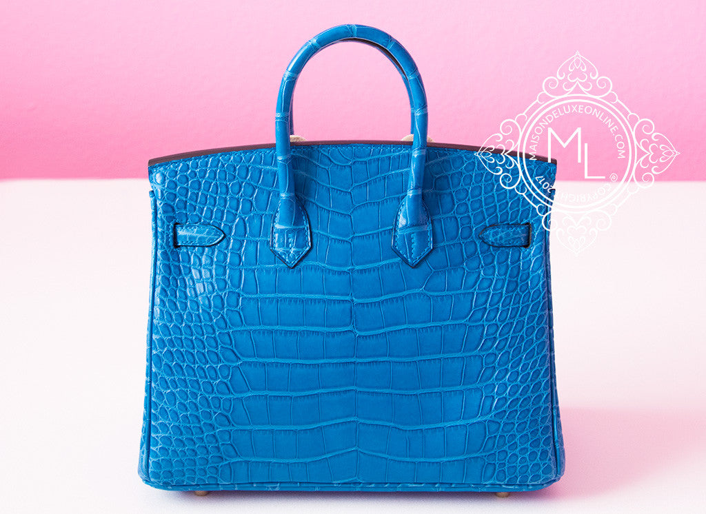 Hermes Mykonos Blue Crocodile Gold Birkin 25 Handbag Kelly Bag – MAISON de  LUXE