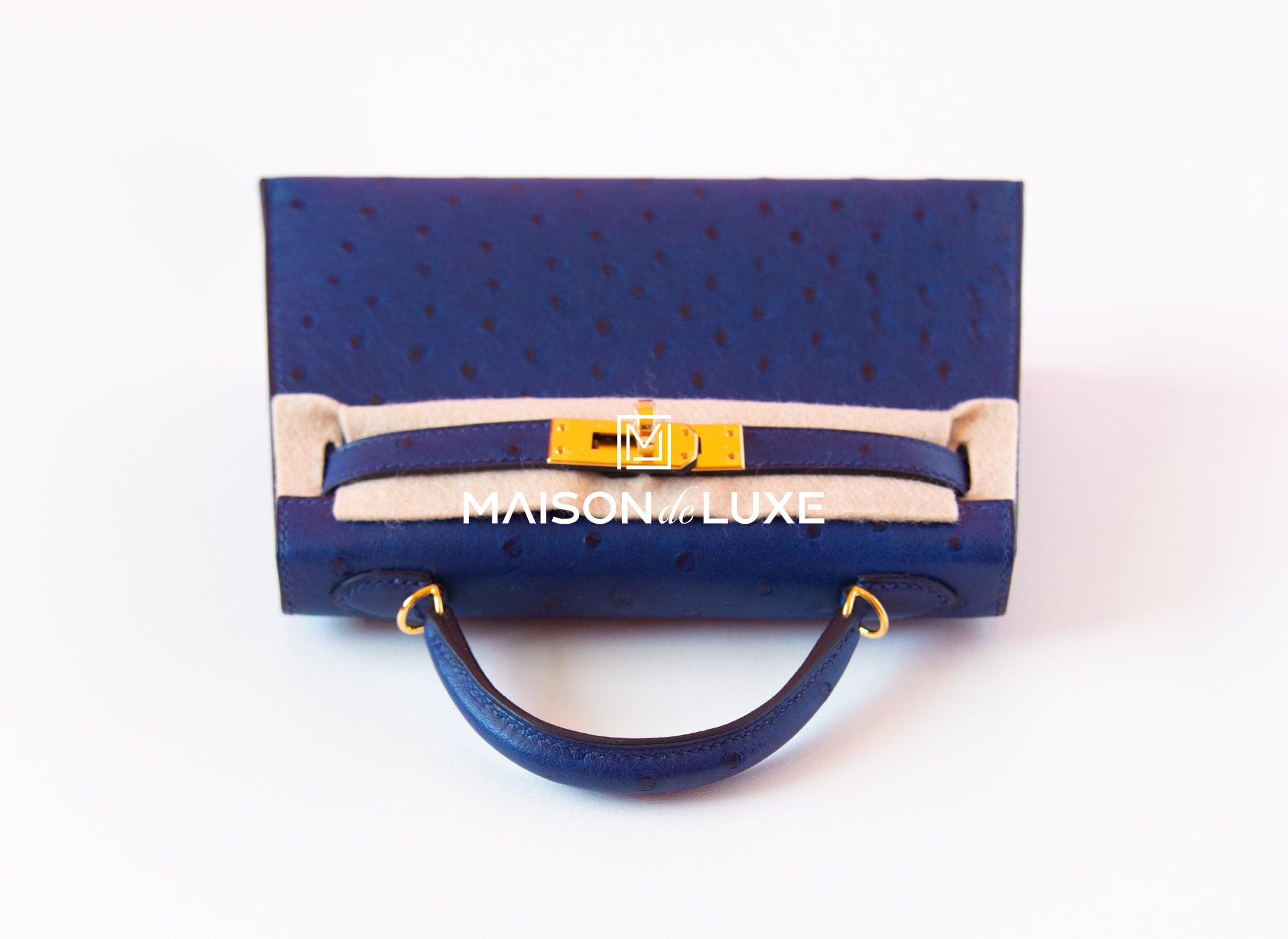 Hermes Bleu Iris Ostrich Mini Kelly II 20 cm Pochette Clutch Bag