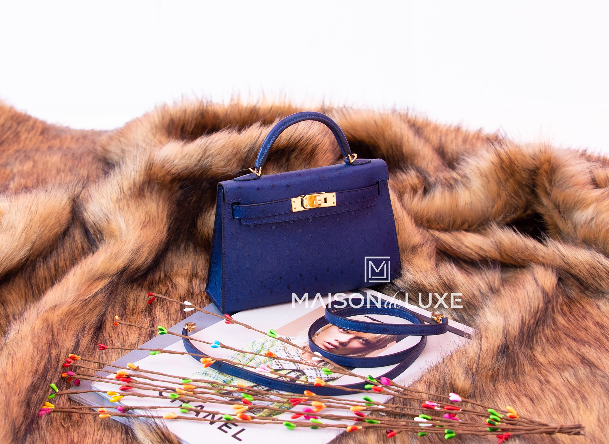 Hermes Bleu Iris GHW Ostrich Mini Kelly II 20 cm