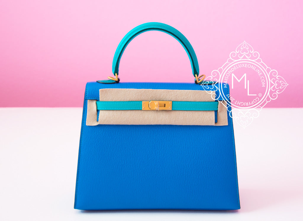 Hermes Kelly 20 Mini Sellier Bag Blue Hydra Chevre Leather Gold