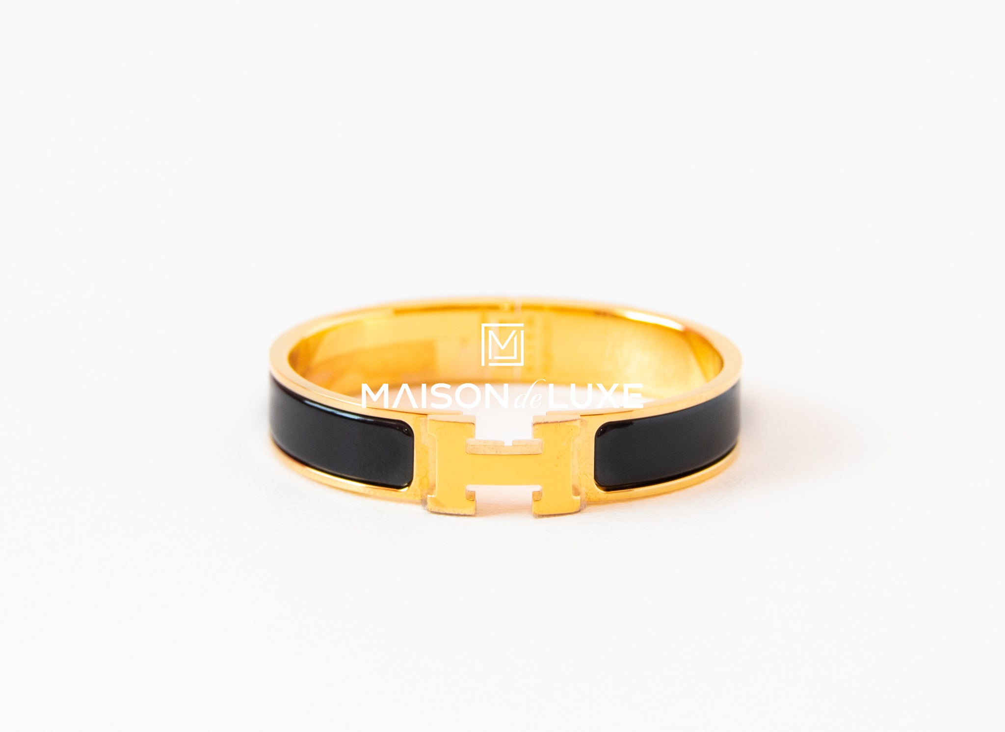 Hermes Clic Clac H Bracelet in 18kt Yellow Gold with Black Leather,Narrow -  Hermes Bracelets - Hermes Jewelry