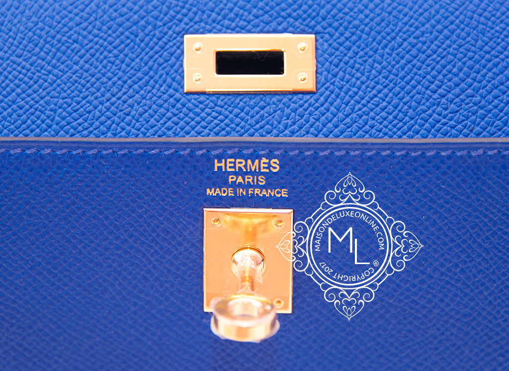 Hermes Kelly 25 Bicolor Cevre Horseshoe Stamp Bleu Electrique; New