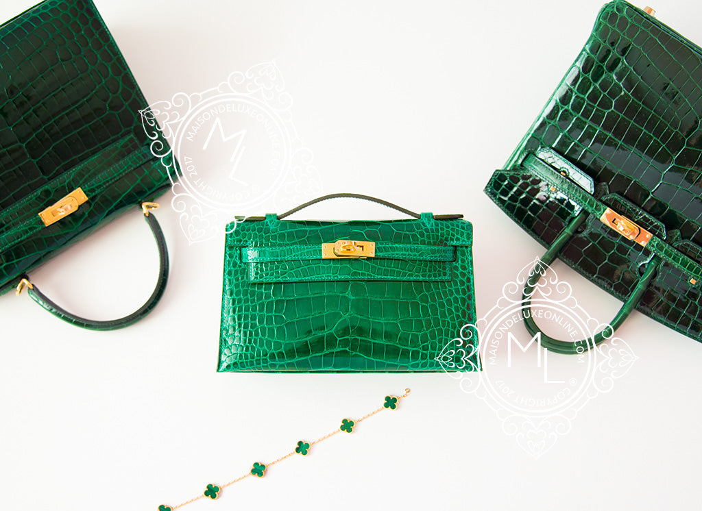 Hermes Mini Kelly 22 Pochette Bag Vert Emeraude Shiny Nile Croc GHW