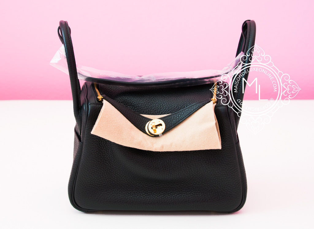 Hermes Black Clemence Lindy 26 Gold Hardware Handbag