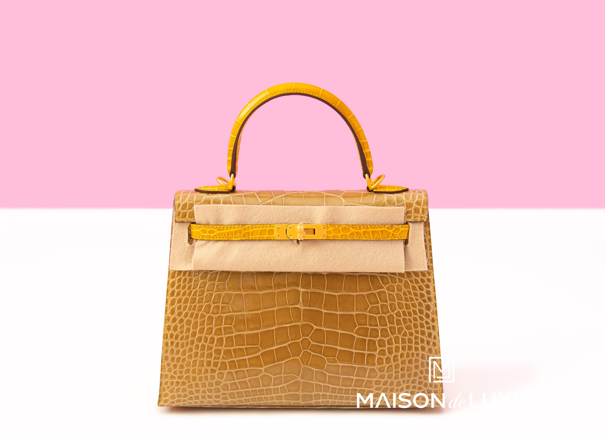 Hermes Kelly Sellier 25 Beige Sable & Jaune Ambre Alligator Crocodile –  MAISON de LUXE