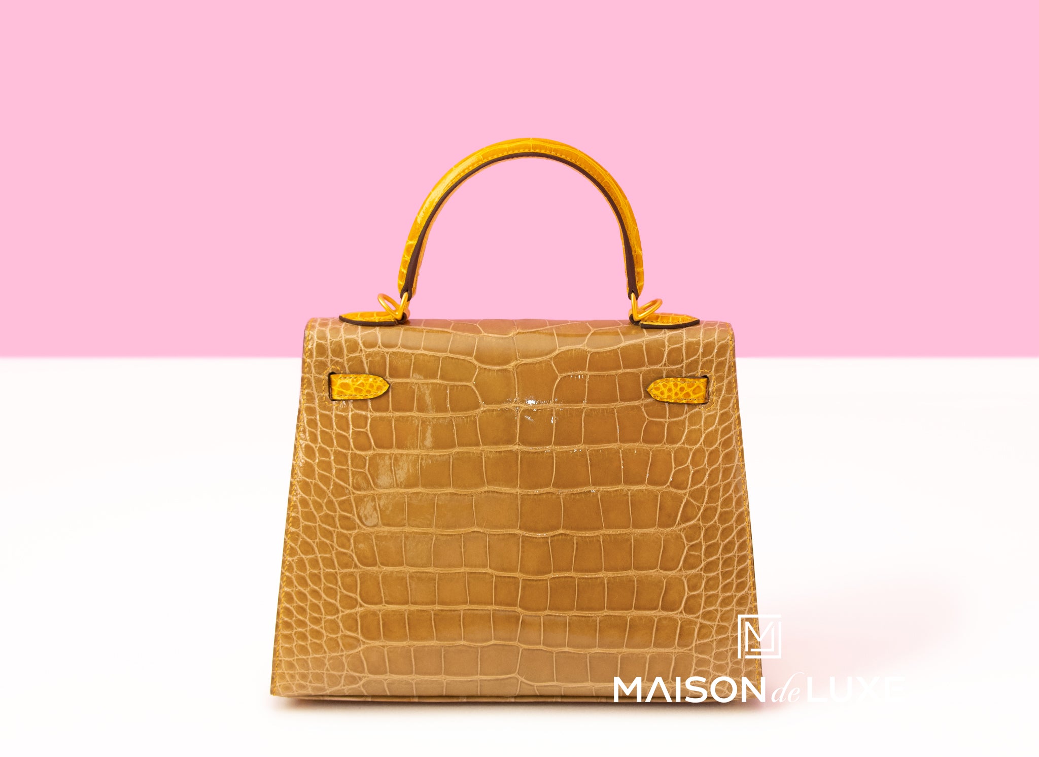 Hermes Kelly Sellier 25 Beige Sable & Jaune Ambre Alligator Crocodile –  MAISON de LUXE