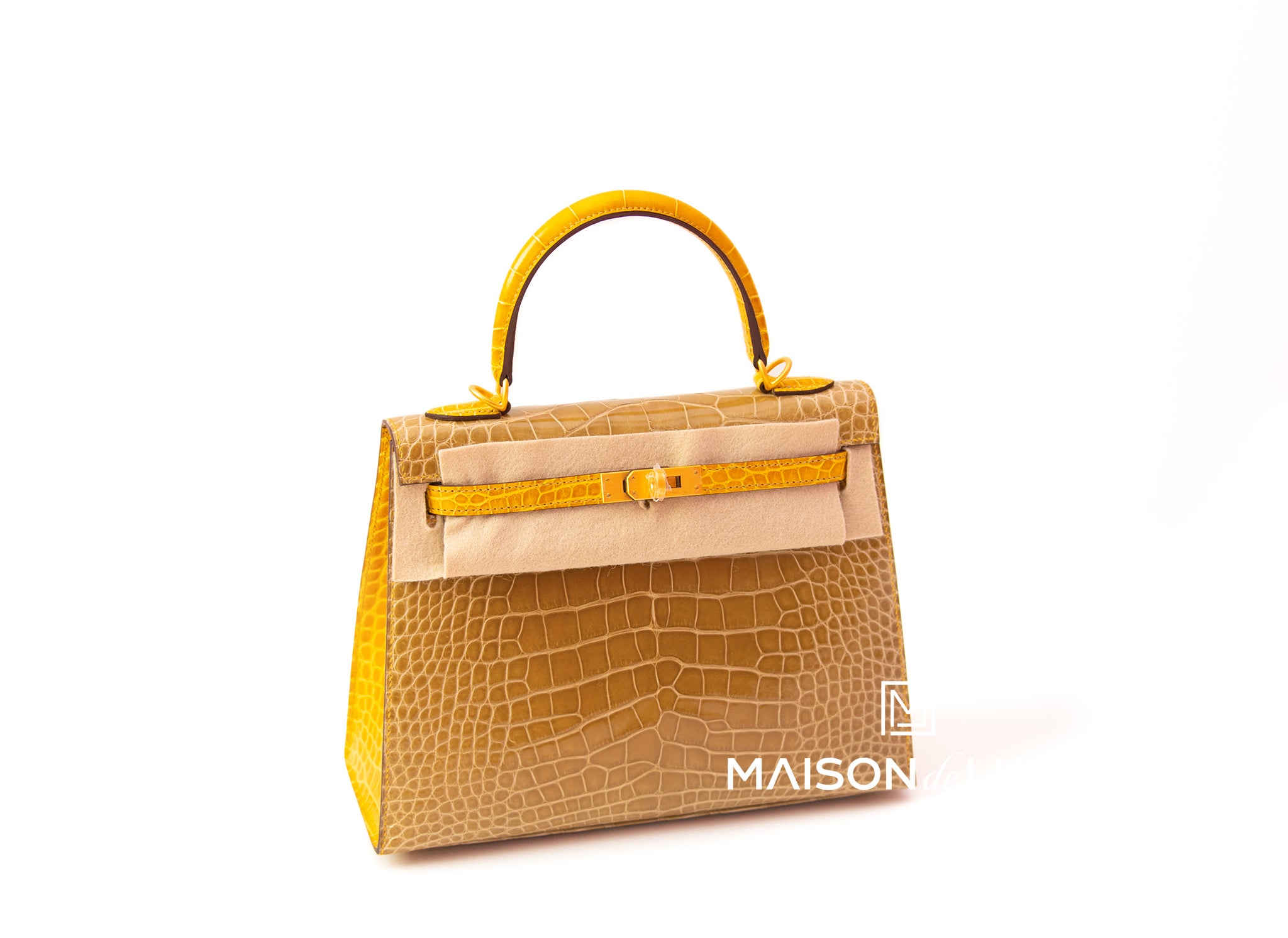 Hermes Kelly Sellier 25 Beige Sable & Jaune Ambre Alligator Crocodile –  MAISON de LUXE