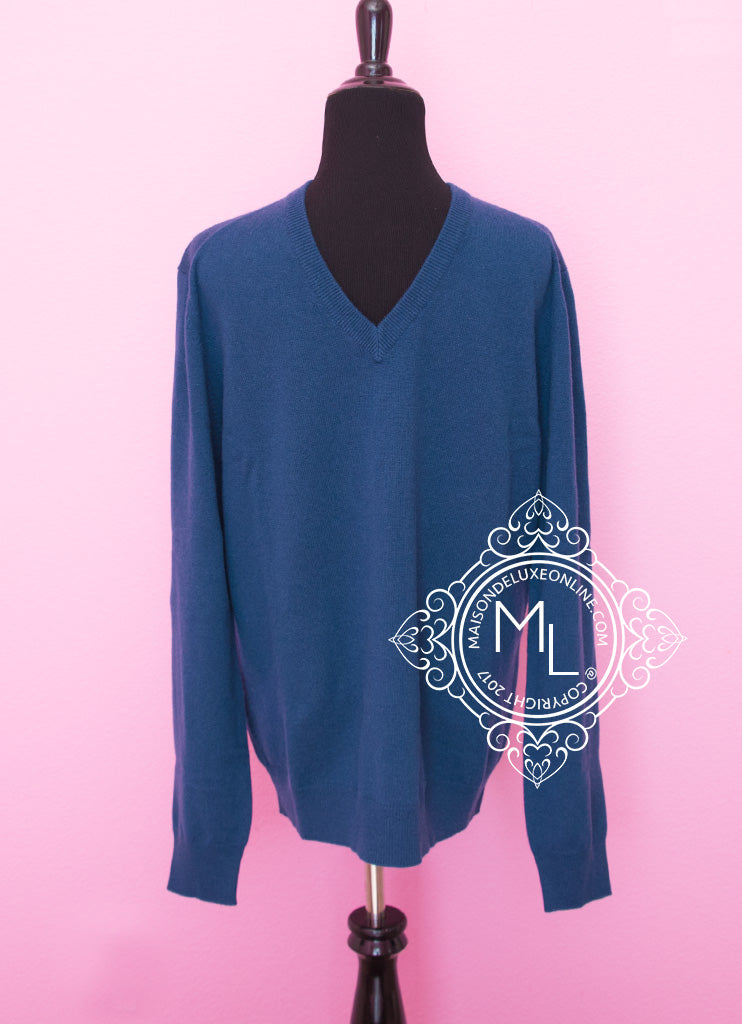 Hermes Men's Blue de Prusse V-Neck 100% Cashmere Wool Sweater L