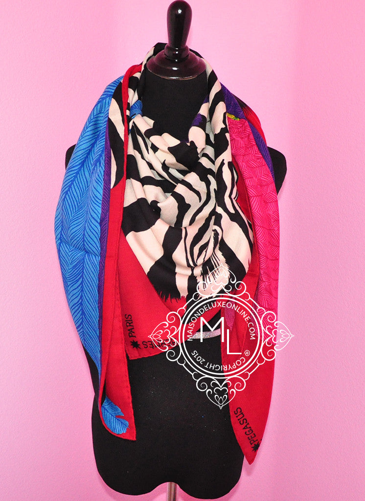 Hermes Cashmere 140 GM Zebra Pegasus Pink Blue Purple Shawl Scarf - New - MAISON de LUXE - 1